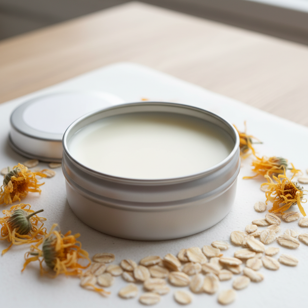 Open silver aluminium tin showing smooth creamy Calendula & Oatmeal Daily Skin Shield balm, surrounded by calendula flowers and rolled oats